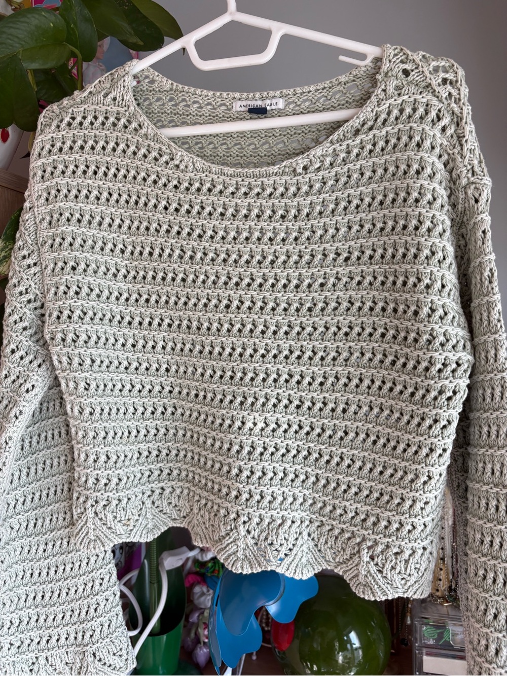 American Eagle Outfitters Sage Crochet Scoop Neck Sweater